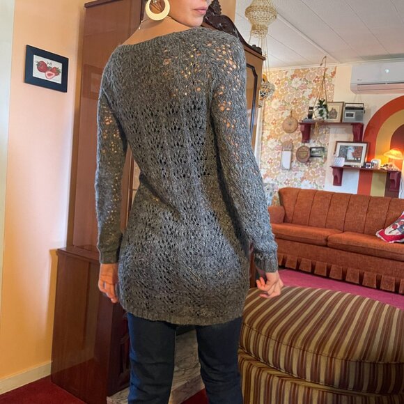 Y2K LAYERING Grey crochet knitted tunic long sleeve sweater - Picture 9 of 13